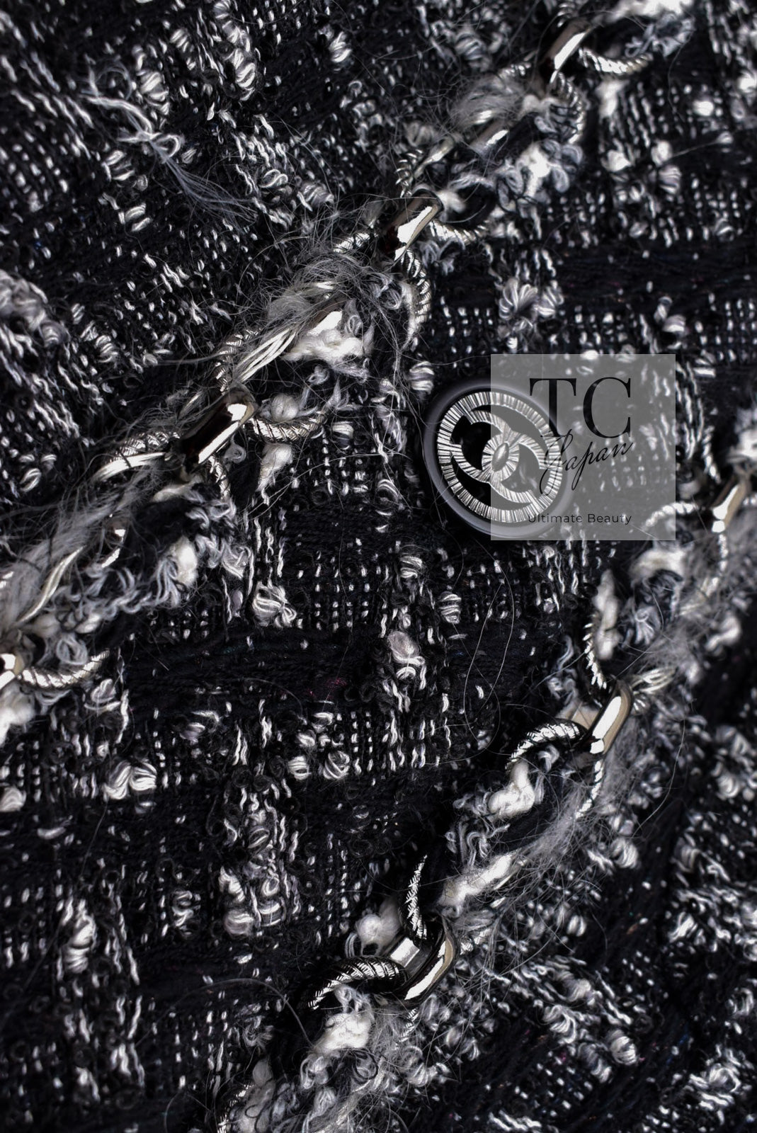 CHANEL 13B Black Gray Ivory Chain Trimming Tweed Coat Dress 36 シャネル ブラック グレー アイボリー チェーン トリミング ワンピース コート 即発