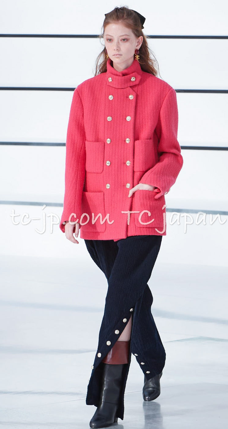 CHANEL 20A Coral Pink Wool Double Stand Collar Jacket Coat 38 40 シャネル コーラル ピンク ウール ダブル スタンド カラー コート ジャケット 即発