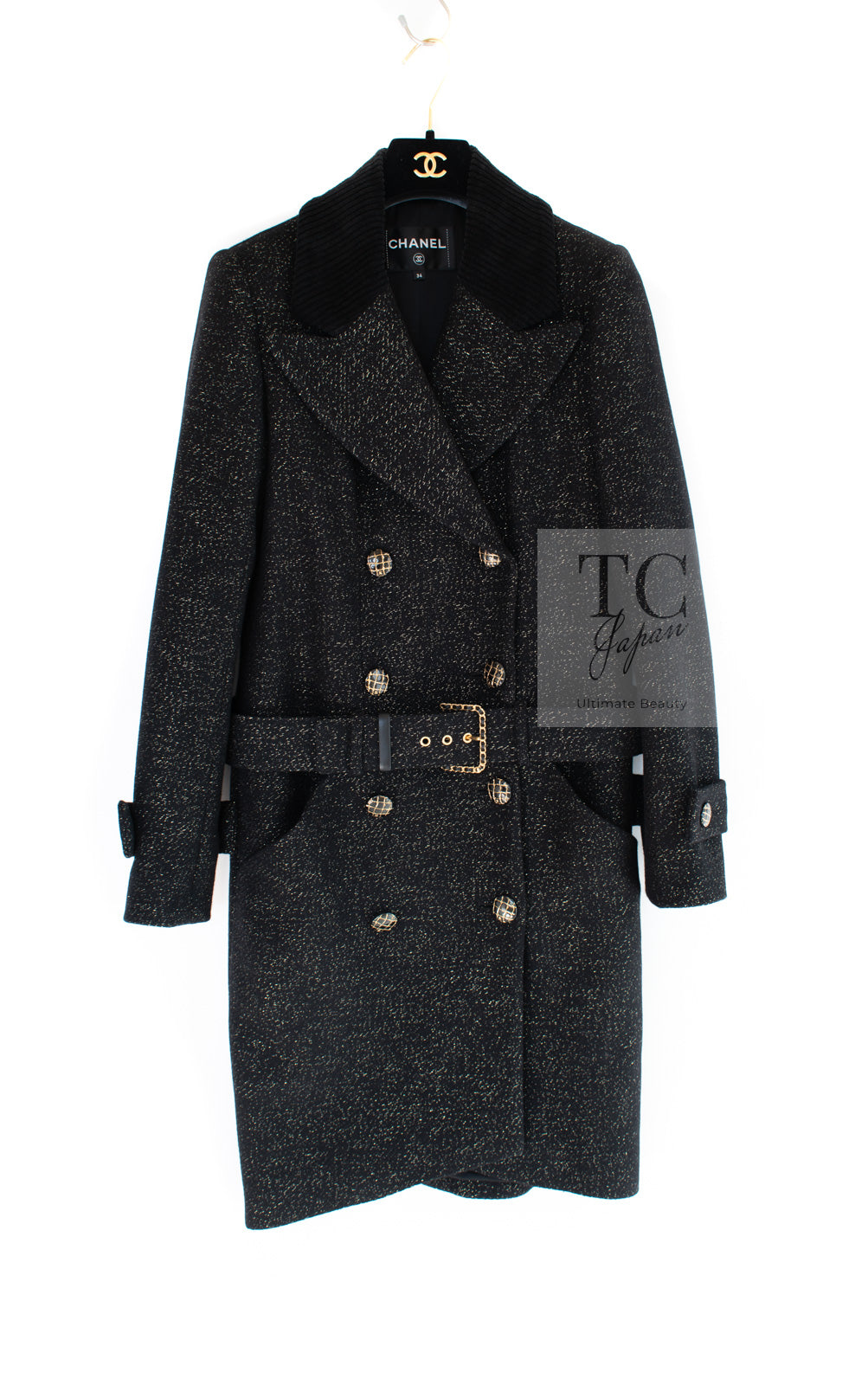 シャネル コート CHANEL ブラック ゴールド ベルト付き ウール 19PF  
