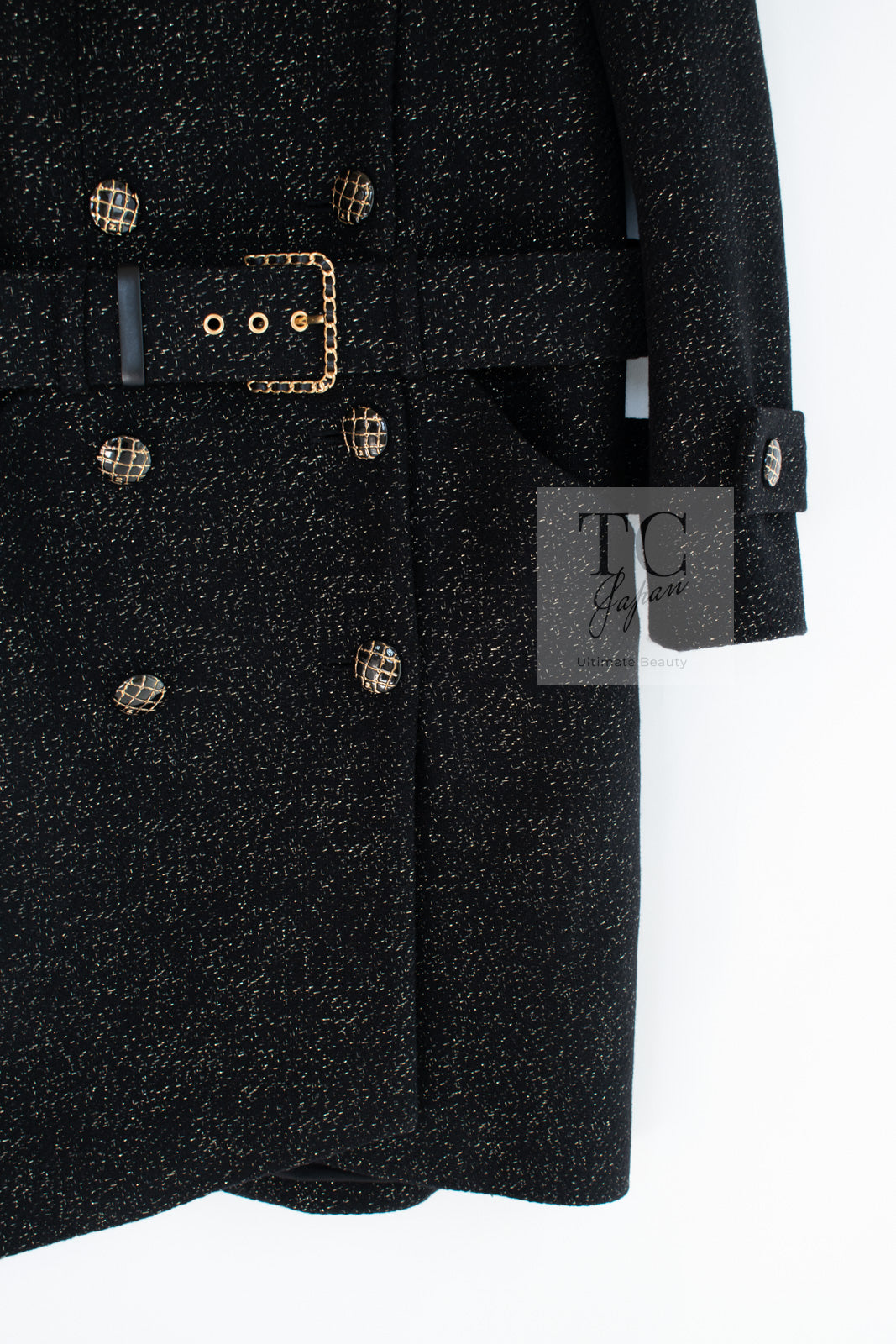 CHANEL 19PF Black Gold Belt Wool Coat 34 36 シャネル ブラック ゴールド ベルト付き ウール コート 即発