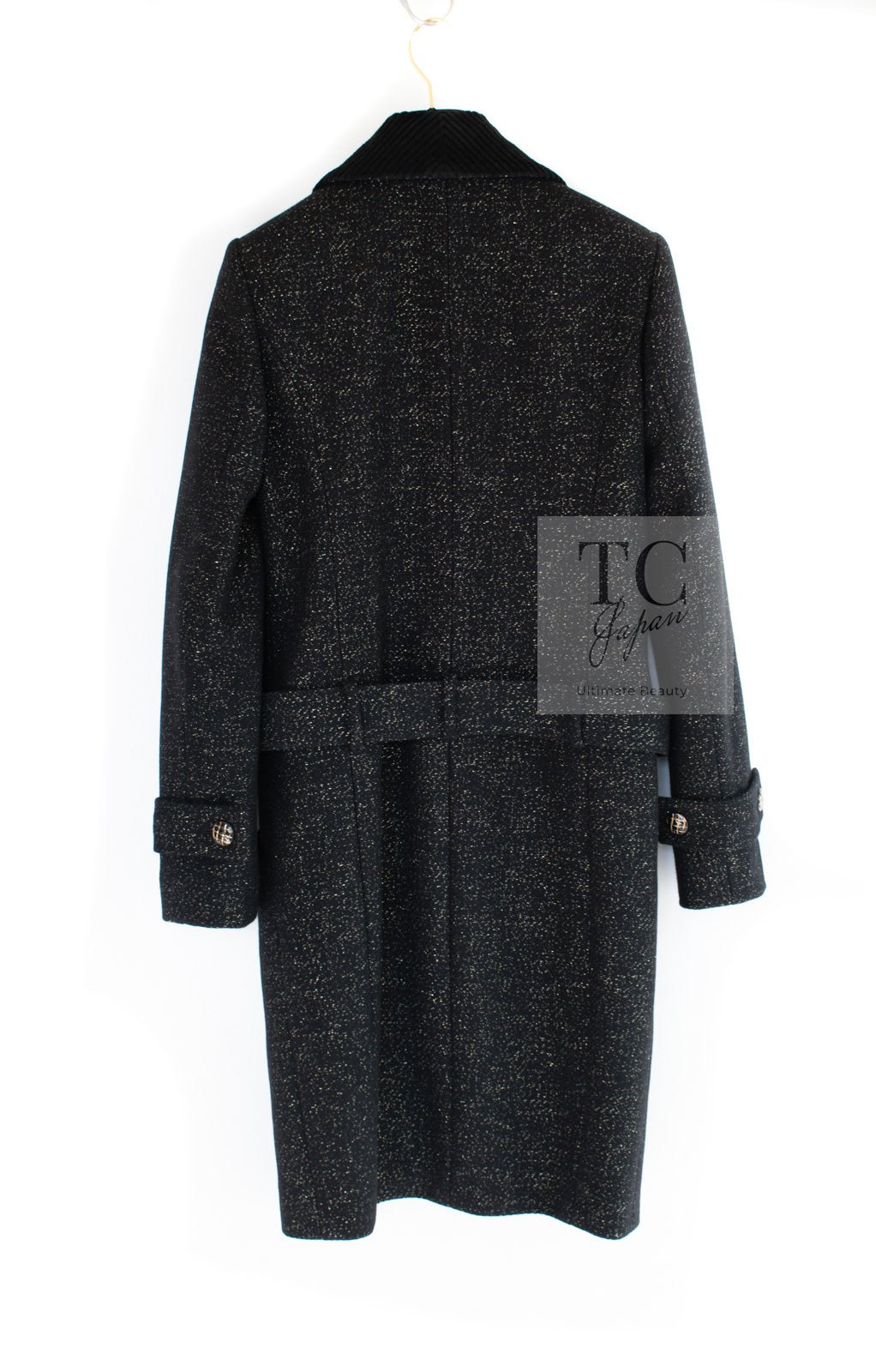 CHANEL 19PF Black Gold Belt Wool Coat 34 36 シャネル ブラック ゴールド ベルト付き ウール コート 即発