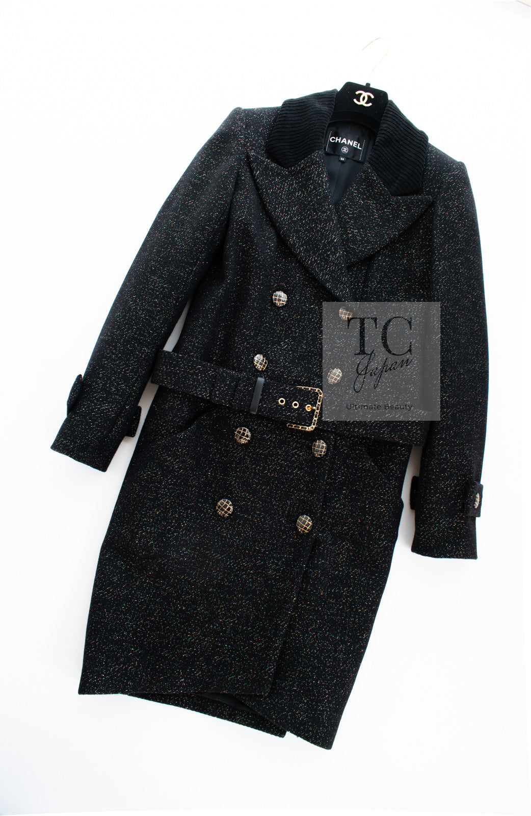 CHANEL 19PF Black Gold Belt Wool Coat 34 36 シャネル ブラック ゴールド ベルト付き ウール コート 即発