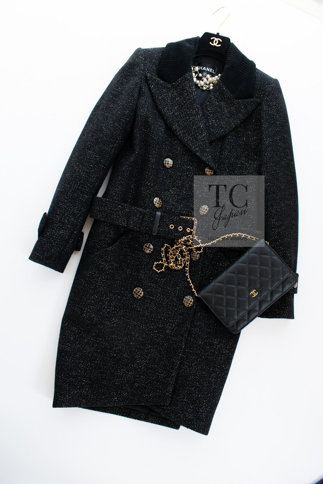 CHANEL 19PF Black Gold Belt Wool Coat 34 36 シャネル ブラック ゴールド ベルト付き ウール コート 即発