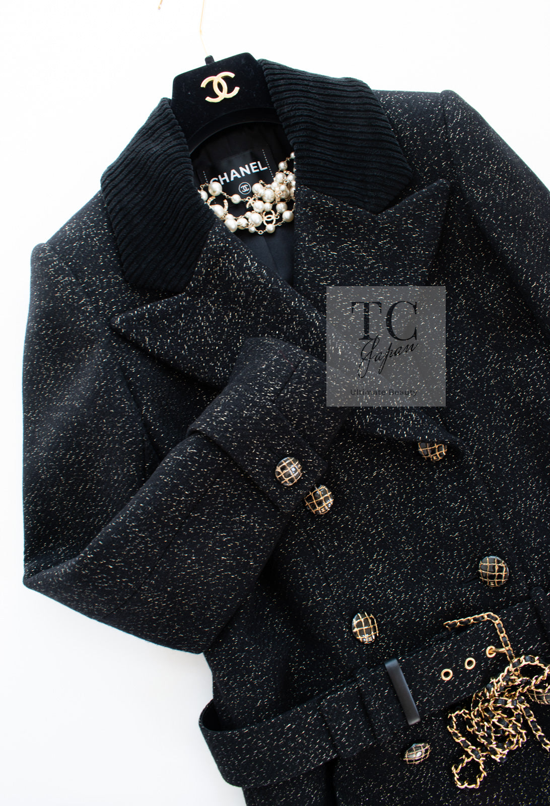 CHANEL 19PF Black Gold Belt Wool Coat 34 36 シャネル ブラック ゴールド ベルト付き ウール コート 即発