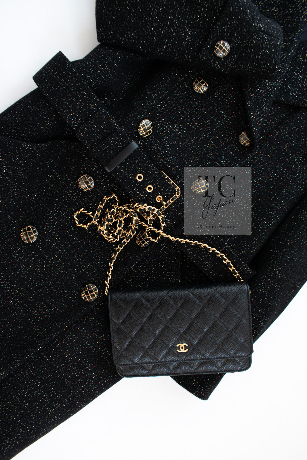 CHANEL 19PF Black Gold Belt Wool Coat 34 36 シャネル ブラック ゴールド ベルト付き ウール コート 即発