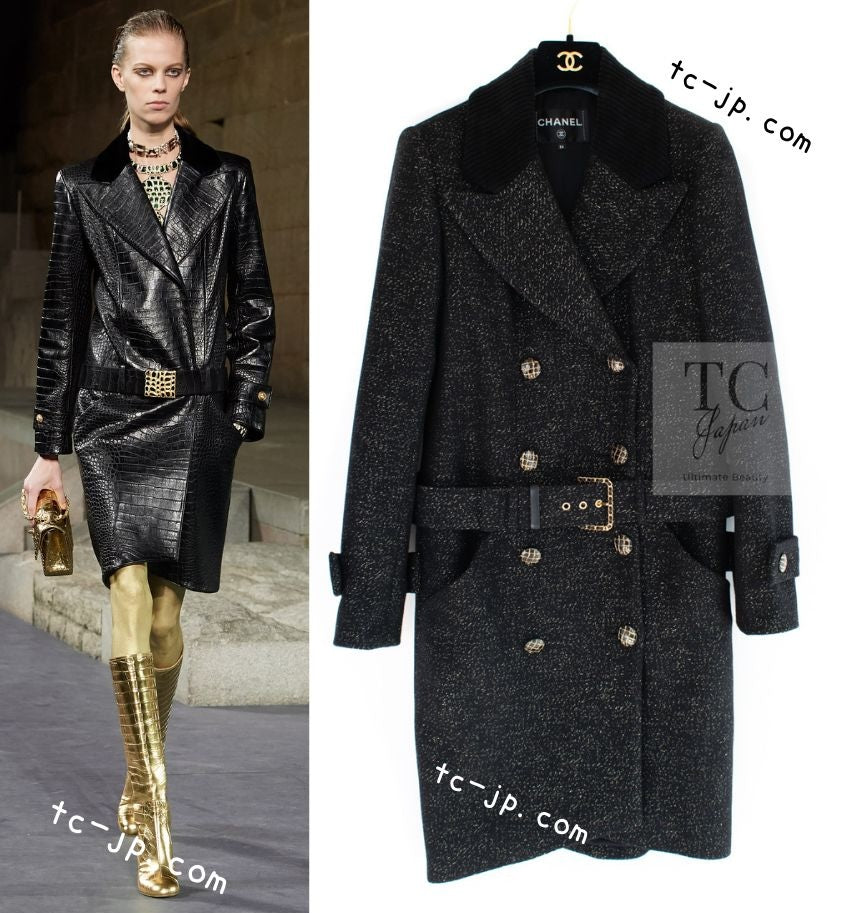CHANEL 19PF Black Gold Belt Wool Coat 34 36 シャネル ブラック ゴールド ベルト付き ウール コート 即発