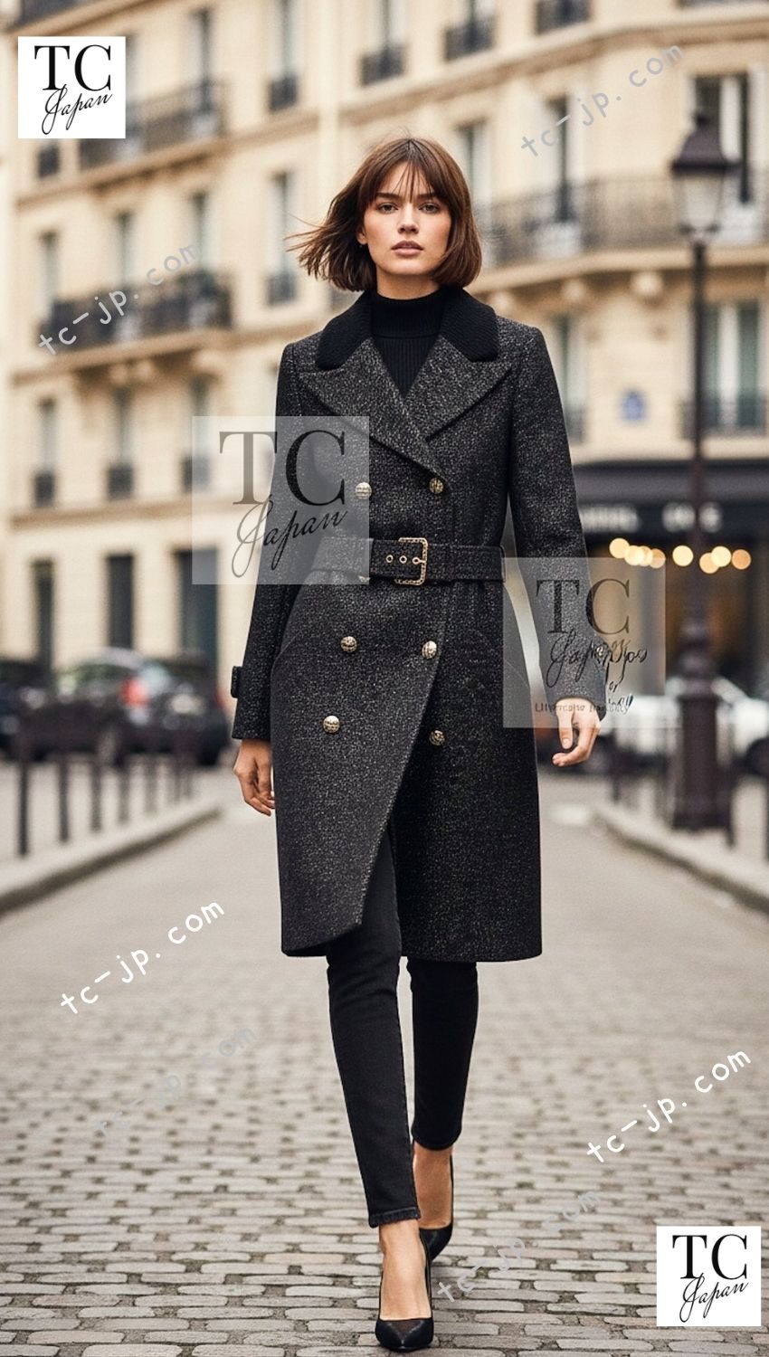 シャネル コート CHANEL ブラック ゴールド ベルト付き ウール 19PF 