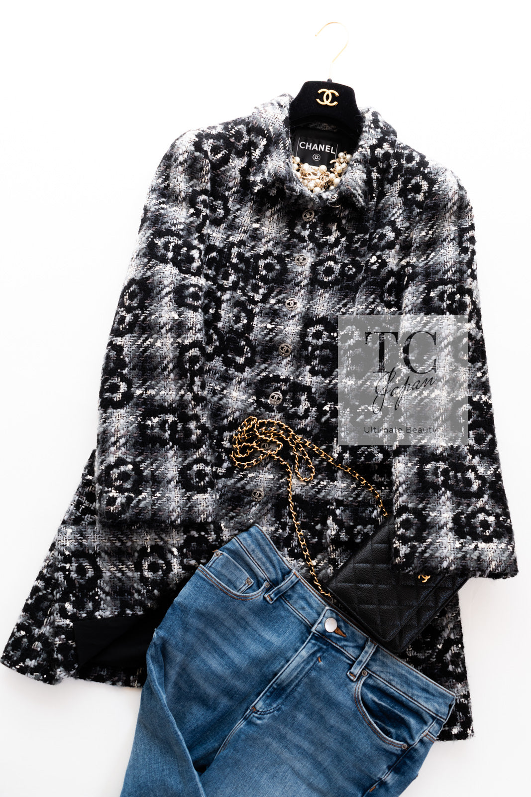 CHANEL 05A Black Gray Camellia CC Button Wool Tweed Coat 38 シャネル ブラック グレー カメリア柄 CC ボタン ウール ツイード コート 即発