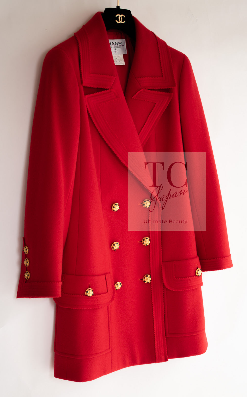 CHANEL 96A Vintage Red Gripox Buttons Double Wool Long Jacket Coat 38 40  シャネル ヴィンテージ レッド グリポア 宝石 ボタン タブル ウール ロング ジャケット コート 即発