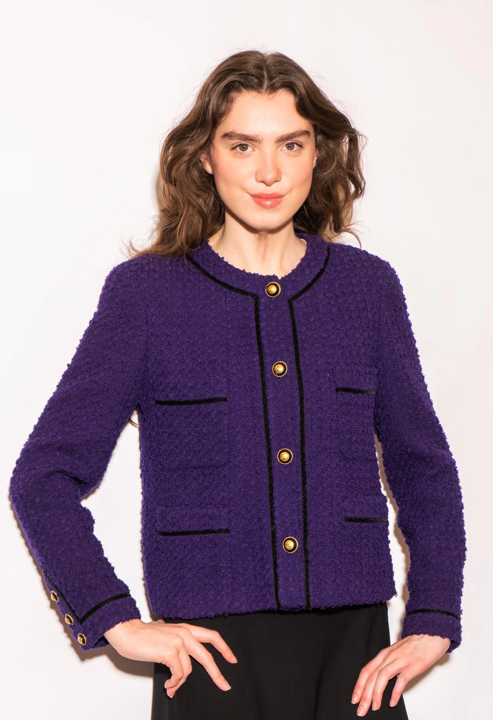 CHANEL 93A Vintage Purple Wool Tweed Jacket Skirt Suit 38 40 42 シャネル ヴィンテージ プラム パープル ウール ツイード ジャケット スカート スーツ 即発