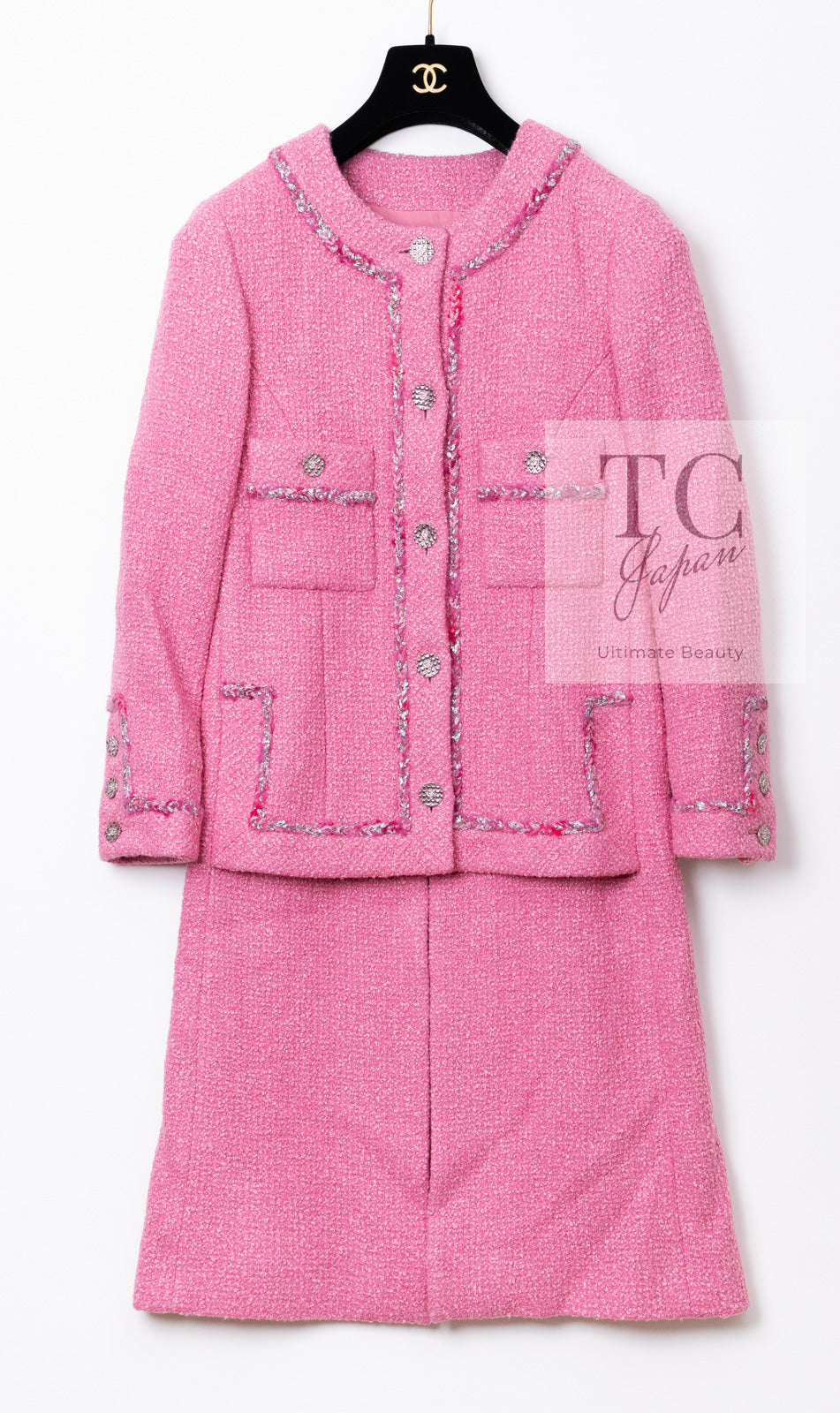 CHANEL 22PF Pink Silver Trim Wool Silk Dress Coat 36 38 シャネル ピンク ウール シルク シルバー トリム ワンピース コート 即発
