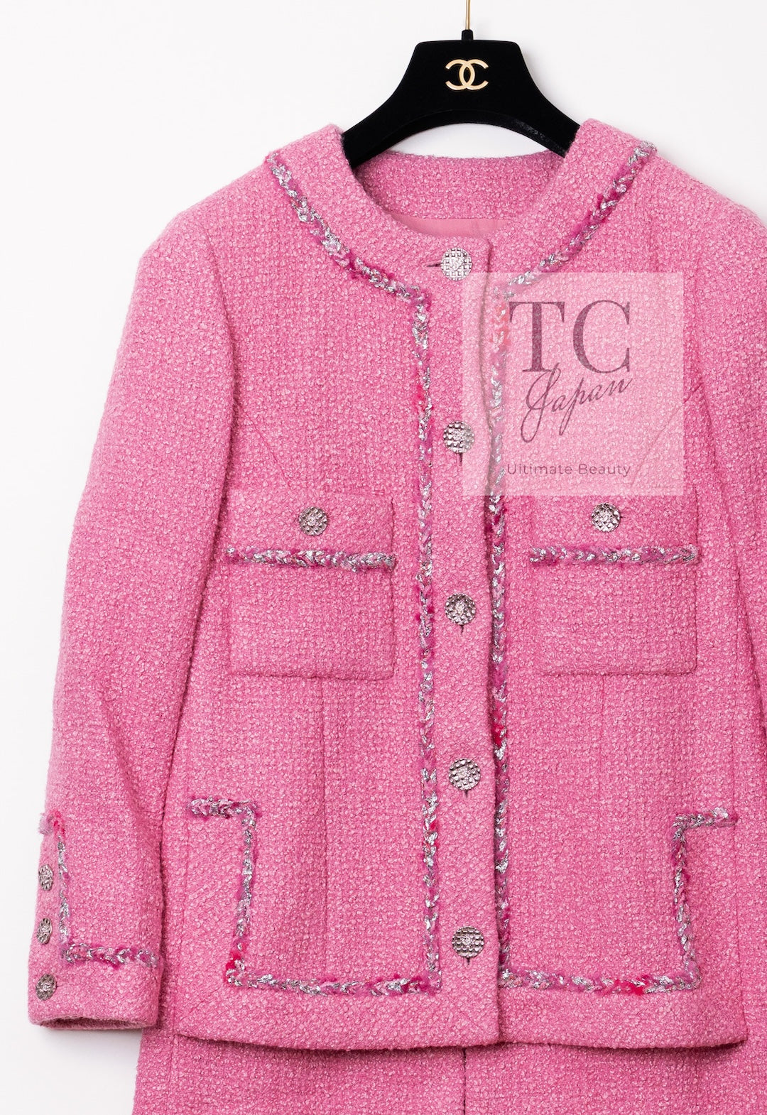 CHANEL 22PF Pink Silver Trim Wool Silk Dress Coat 36 38 シャネル ピンク ウール シルク シルバー トリム ワンピース コート 即発
