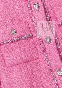 CHANEL 22PF Pink Silver Trim Wool Silk Dress Coat 36 38 シャネル ピンク ウール シルク シルバー トリム ワンピース コート 即発
