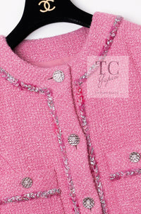 CHANEL 22PF Pink Silver Trim Wool Silk Dress Coat 36 38 シャネル ピンク ウール シルク シルバー トリム ワンピース コート 即発