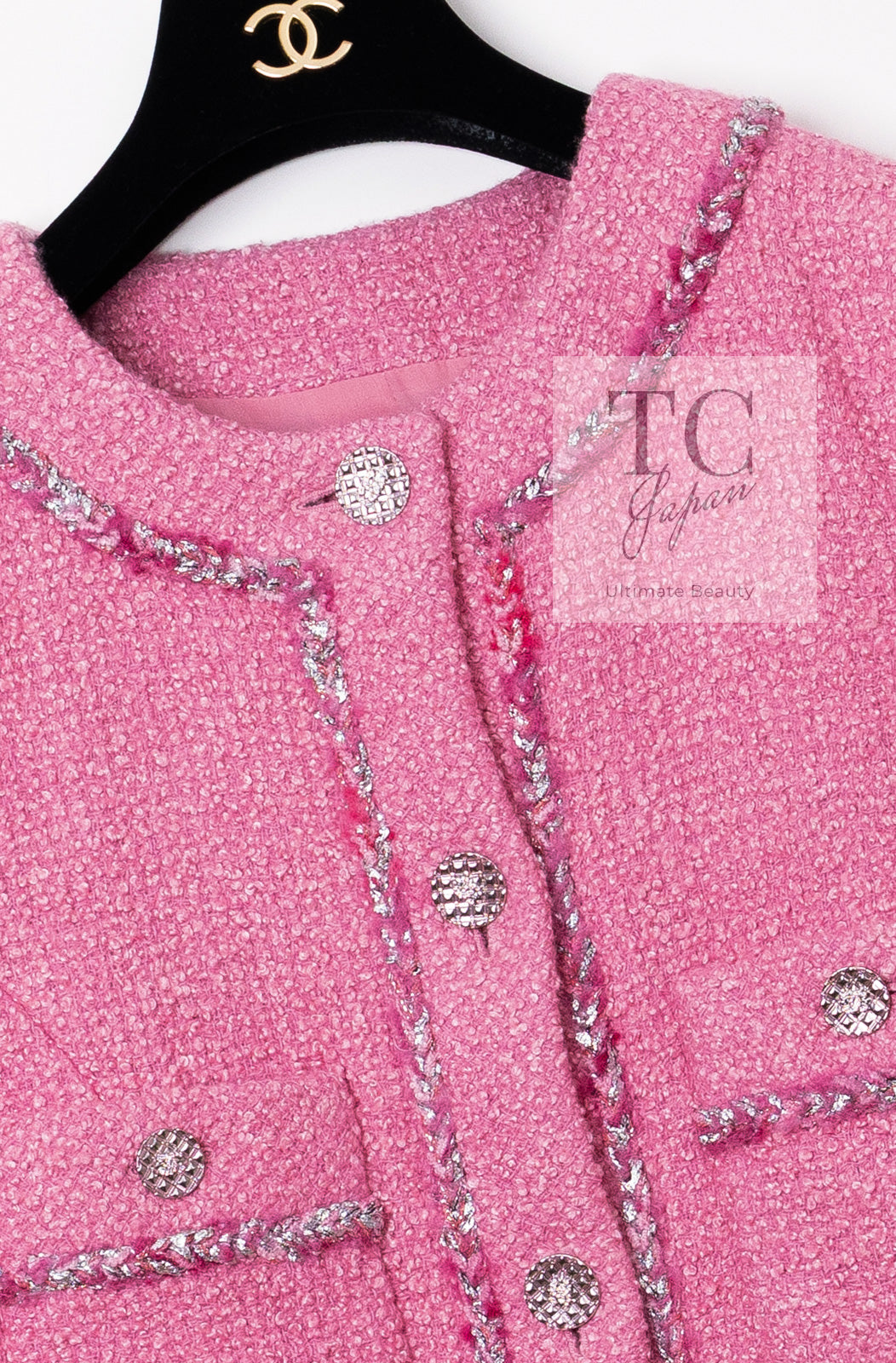 CHANEL 22PF Pink Silver Trim Wool Silk Dress Coat 36 38 シャネル ピンク ウール シルク シルバー トリム ワンピース コート 即発