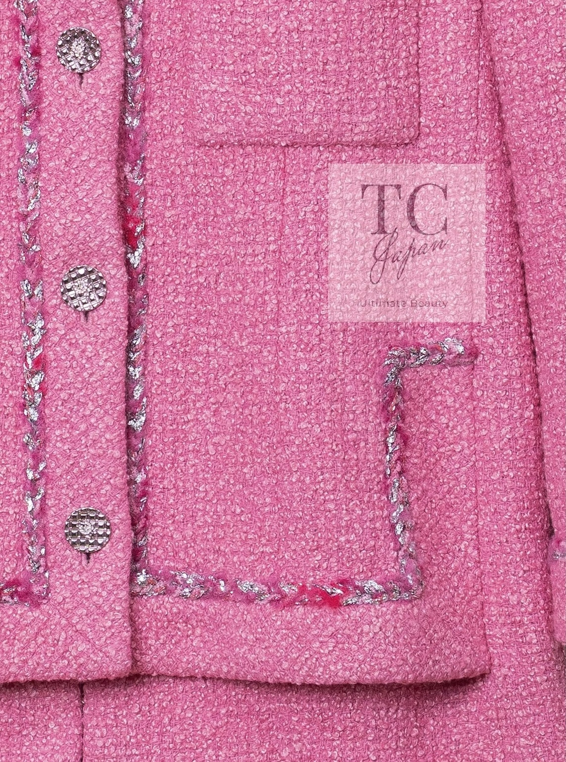 CHANEL 22PF Pink Silver Trim Wool Silk Dress Coat 36 38 シャネル ピンク ウール シルク シルバー トリム ワンピース コート 即発