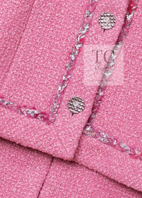 CHANEL 22PF Pink Silver Trim Wool Silk Dress Coat 36 38 シャネル ピンク ウール シルク シルバー トリム ワンピース コート 即発