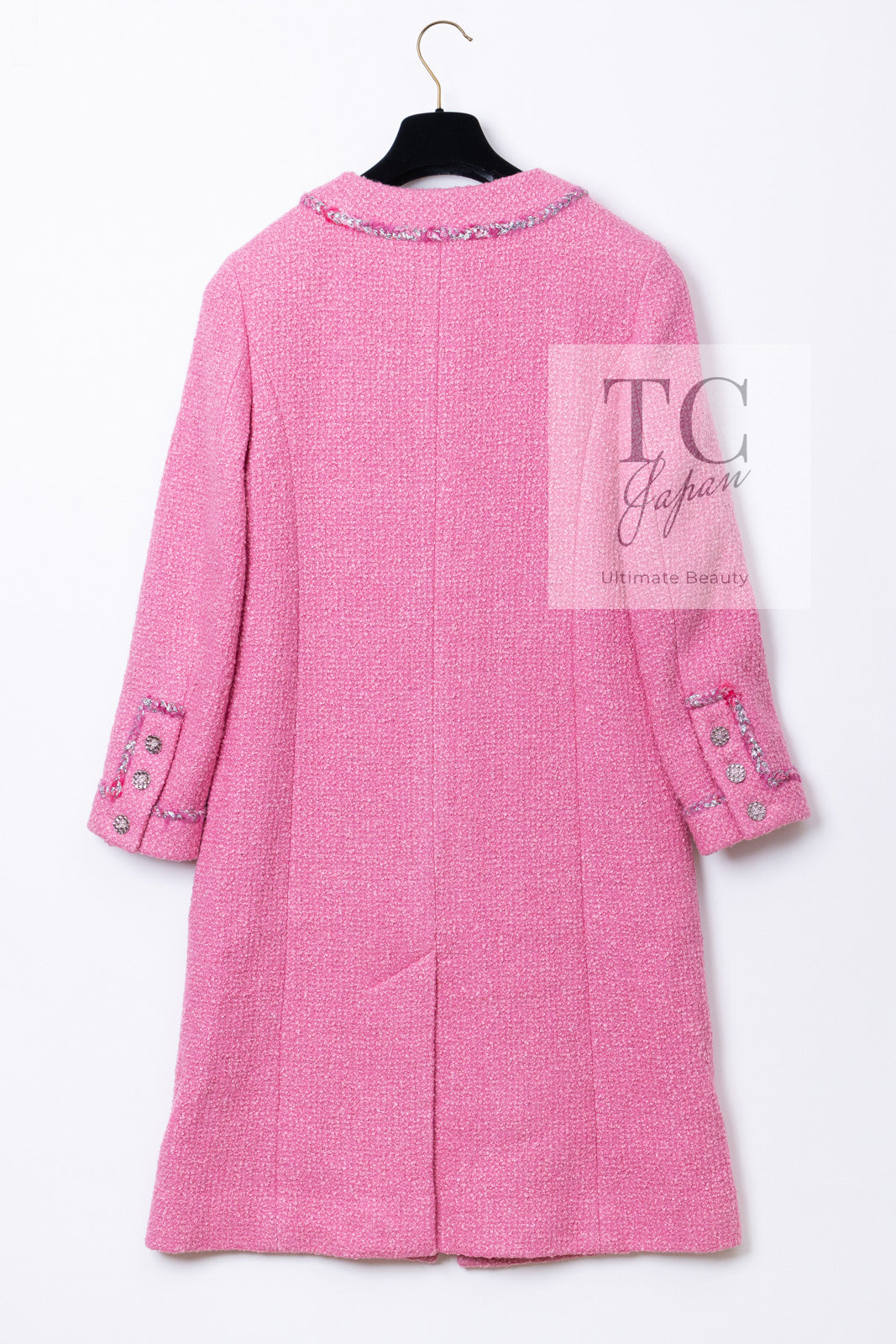 CHANEL 22PF Pink Silver Trim Wool Silk Dress Coat 36 38 シャネル ピンク ウール シルク シルバー トリム ワンピース コート 即発