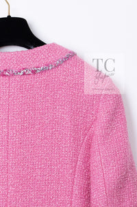 CHANEL 22PF Pink Silver Trim Wool Silk Dress Coat 36 38 シャネル ピンク ウール シルク シルバー トリム ワンピース コート 即発
