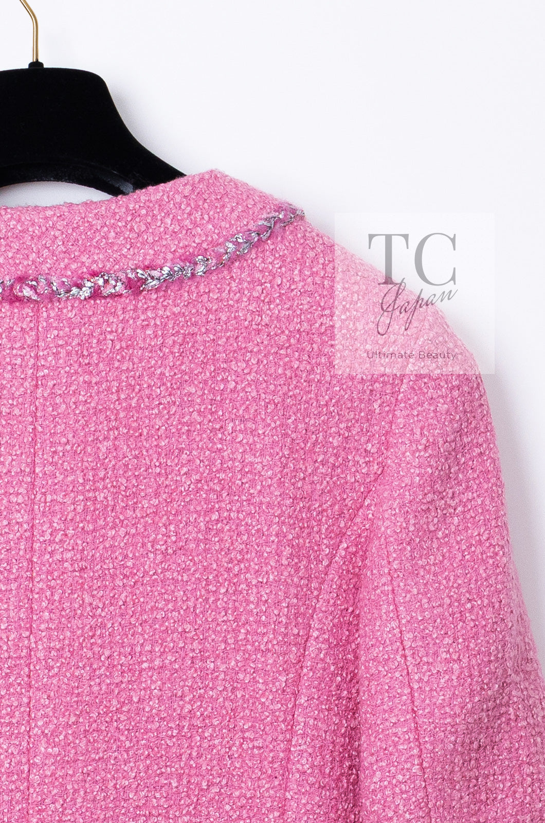 CHANEL 22PF Pink Silver Trim Wool Silk Dress Coat 36 38 シャネル ピンク ウール シルク シルバー トリム ワンピース コート 即発