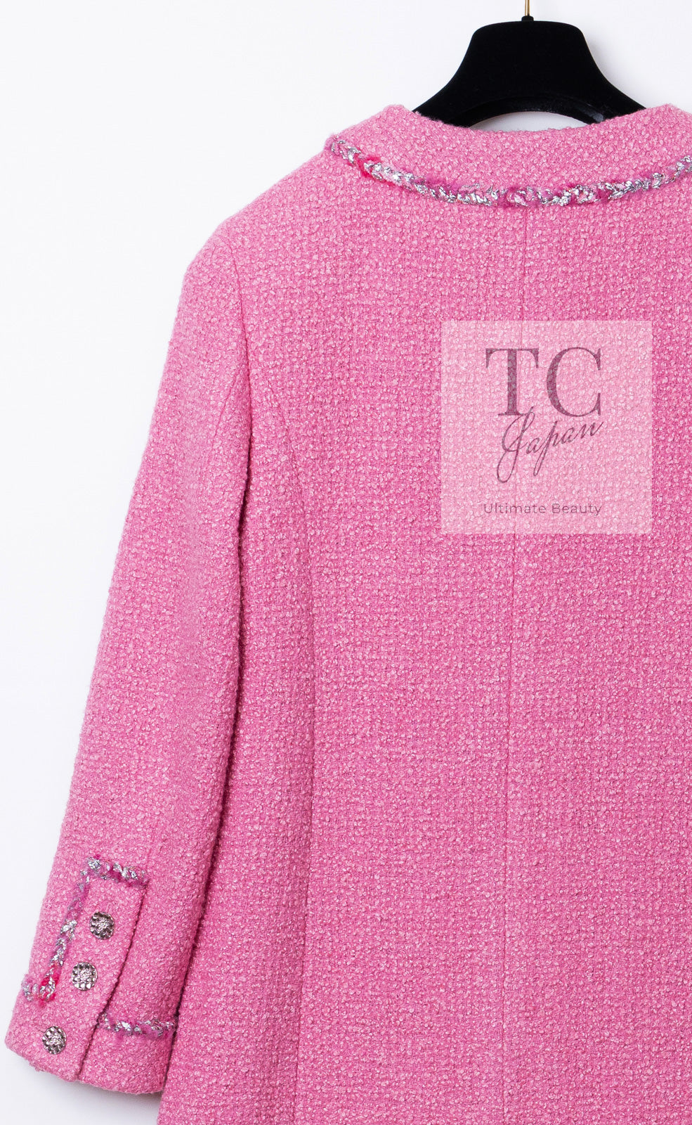 CHANEL 22PF Pink Silver Trim Wool Silk Dress Coat 36 38 シャネル ピンク ウール シルク シルバー トリム ワンピース コート 即発