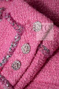 CHANEL 22PF Pink Silver Trim Wool Silk Dress Coat 36 38 シャネル ピンク ウール シルク シルバー トリム ワンピース コート 即発