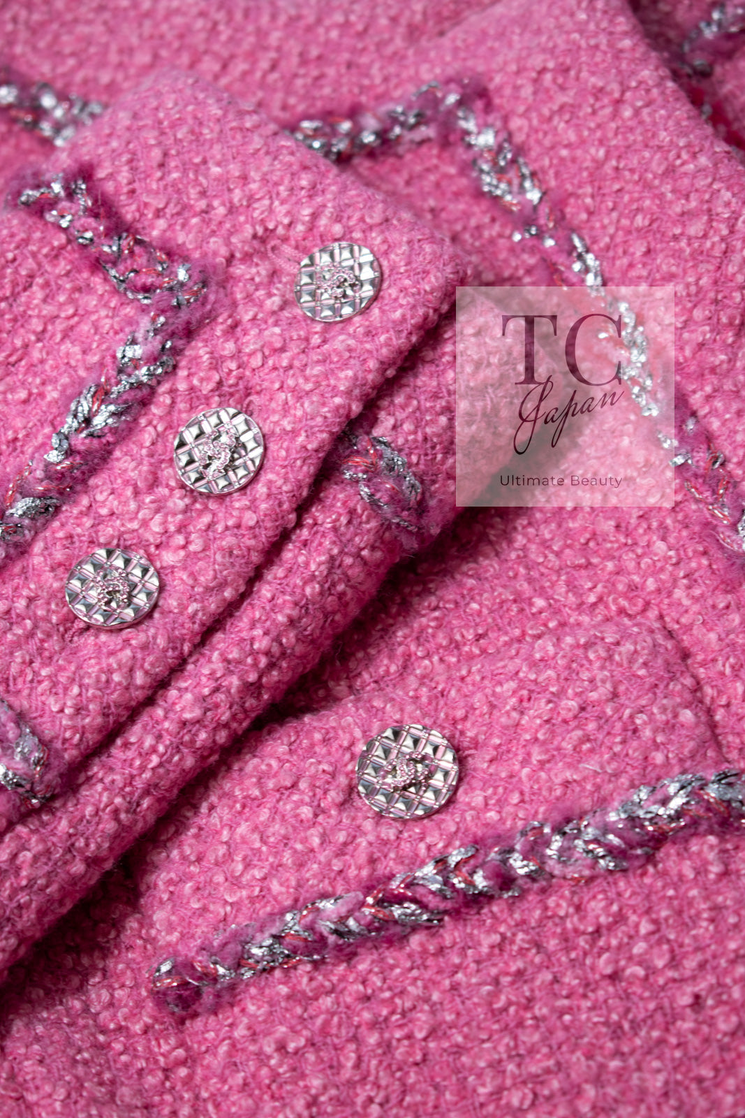 CHANEL 22PF Pink Silver Trim Wool Silk Dress Coat 36 38 シャネル ピンク ウール シルク シルバー トリム ワンピース コート 即発