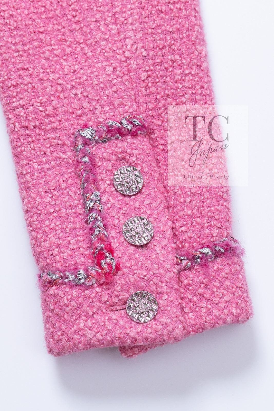 CHANEL 22PF Pink Silver Trim Wool Silk Dress Coat 36 38 シャネル ピンク ウール シルク シルバー トリム ワンピース コート 即発