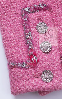 CHANEL 22PF Pink Silver Trim Wool Silk Dress Coat 36 38 シャネル ピンク ウール シルク シルバー トリム ワンピース コート 即発