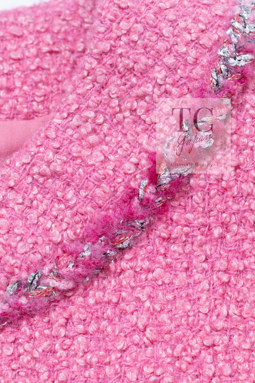 CHANEL 22PF Pink Silver Trim Wool Silk Dress Coat 36 38 シャネル ピンク ウール シルク シルバー トリム ワンピース コート 即発