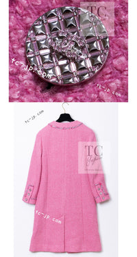 CHANEL 22PF Pink Silver Trim Wool Silk Dress Coat 36 38 シャネル ピンク ウール シルク シルバー トリム ワンピース コート 即発