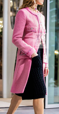 CHANEL 22PF Pink Silver Trim Wool Silk Dress Coat 36 38 シャネル ピンク ウール シルク シルバー トリム ワンピース コート 即発
