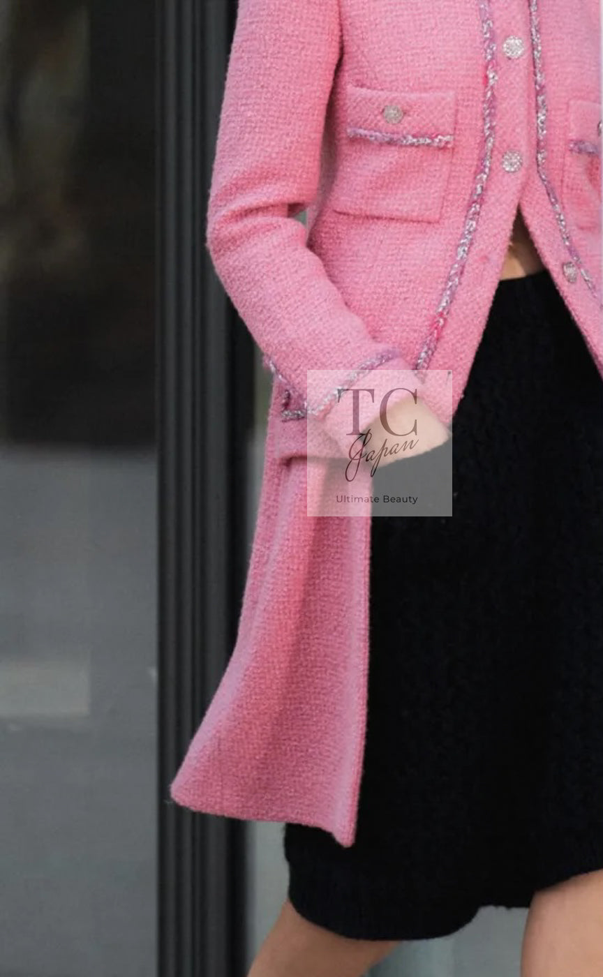 CHANEL 22PF Pink Silver Trim Wool Silk Dress Coat 36 38 シャネル ピンク ウール シルク シルバー トリム ワンピース コート 即発