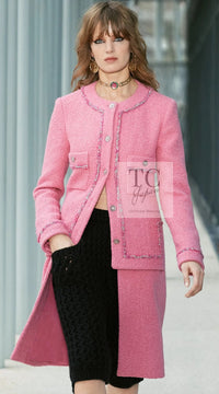 CHANEL 22PF Pink Silver Trim Wool Silk Dress Coat 36 38 シャネル ピンク ウール シルク シルバー トリム ワンピース コート 即発