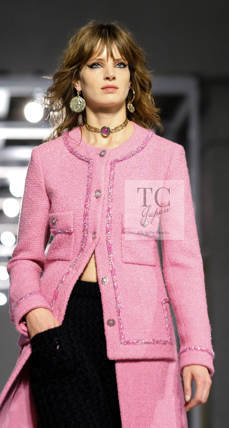 CHANEL 22PF Pink Silver Trim Wool Silk Dress Coat 36 38 シャネル ピンク ウール シルク シルバー トリム ワンピース コート 即発