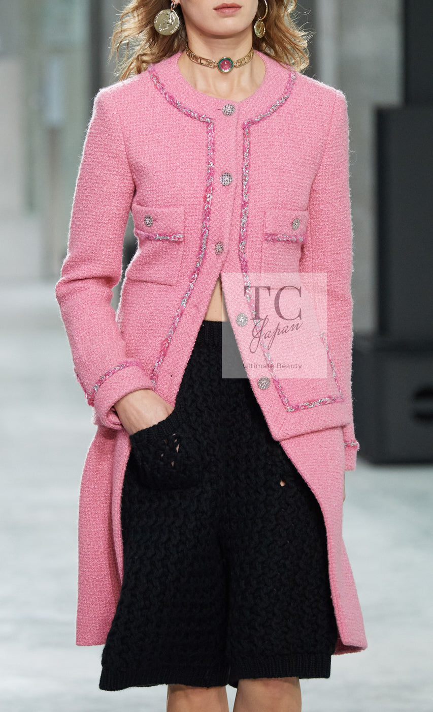 CHANEL 22PF Pink Silver Trim Wool Silk Dress Coat 36 38 シャネル ピンク ウール シルク シルバー トリム ワンピース コート 即発