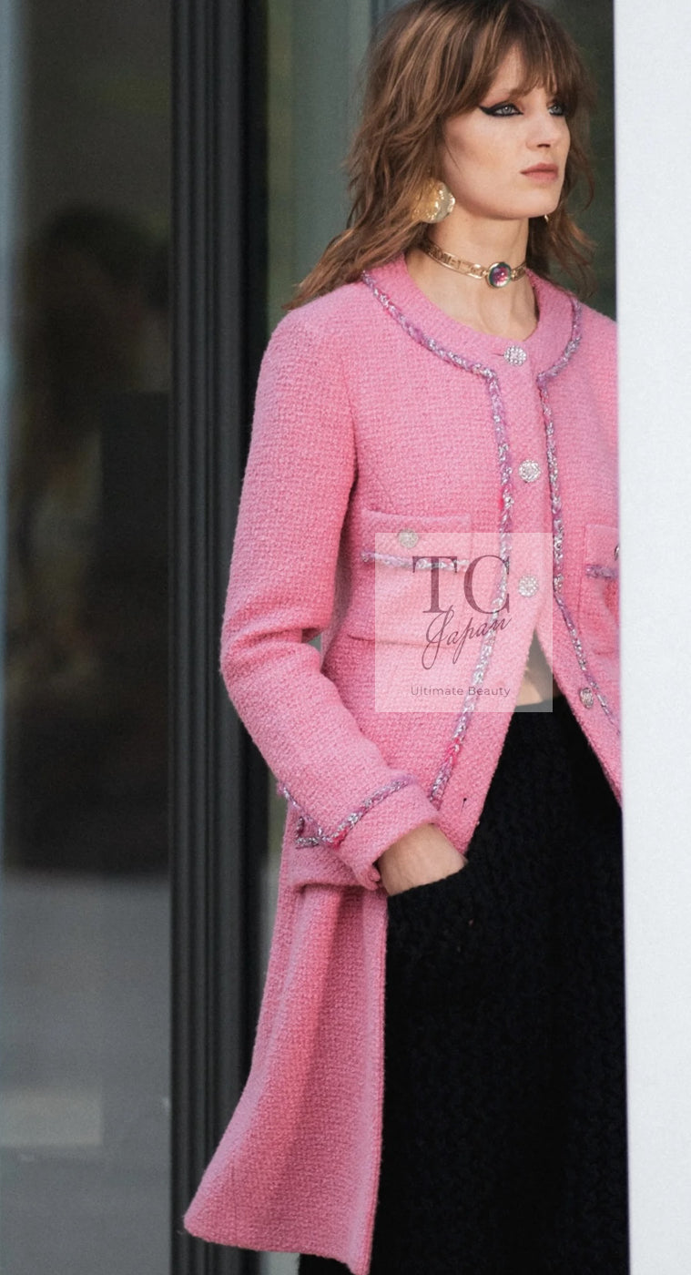 CHANEL 22PF Pink Silver Trim Wool Silk Dress Coat 36 38 シャネル ピンク ウール シルク シルバー トリム ワンピース コート 即発