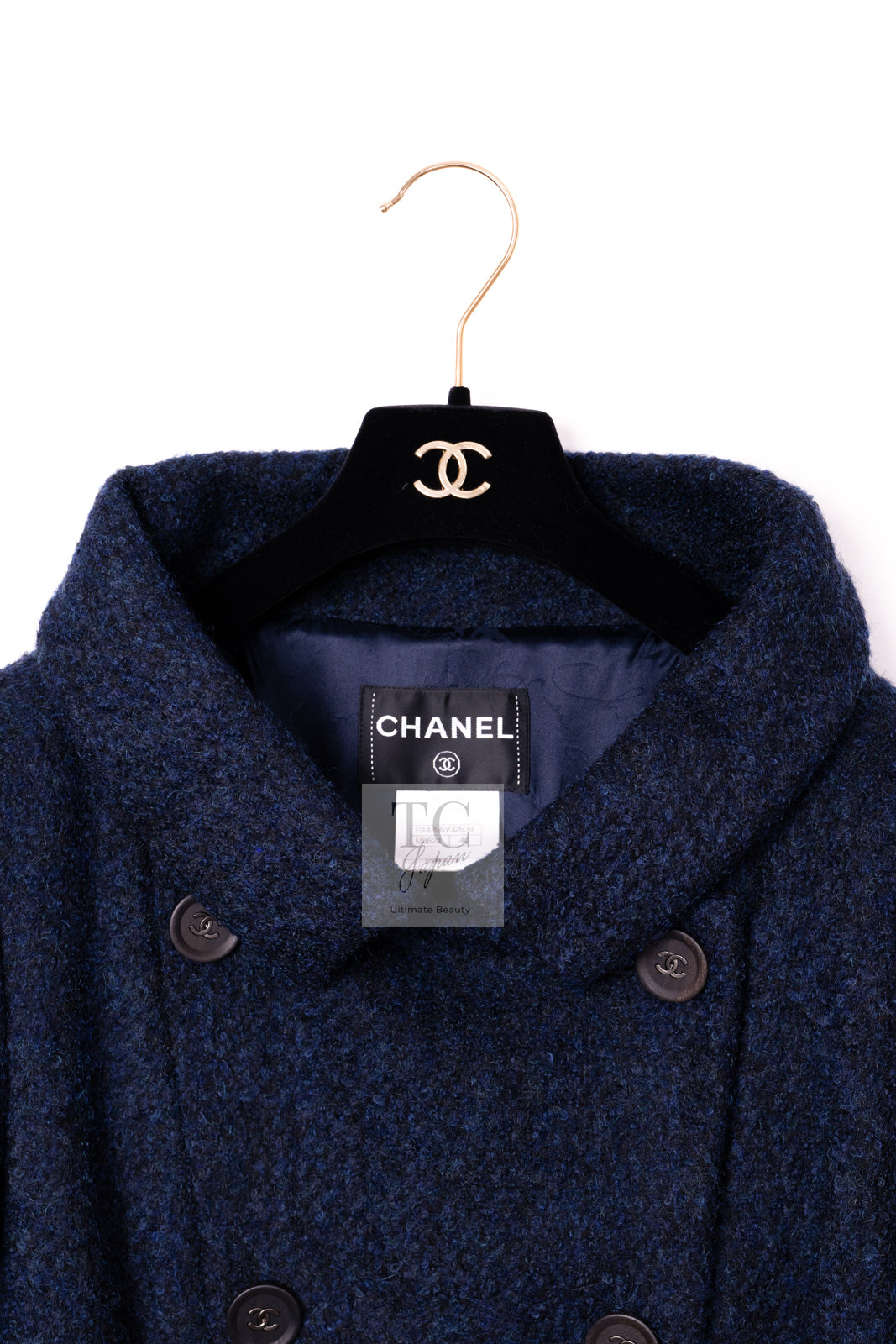 CHANEL 12A Navy Wool Alpaca CC Logo Buttons Stand Collar Double Coat 34 シャネル ネイビー ウール アルパカ CC ロゴボタン スタンドカラー ダブル コート 即発