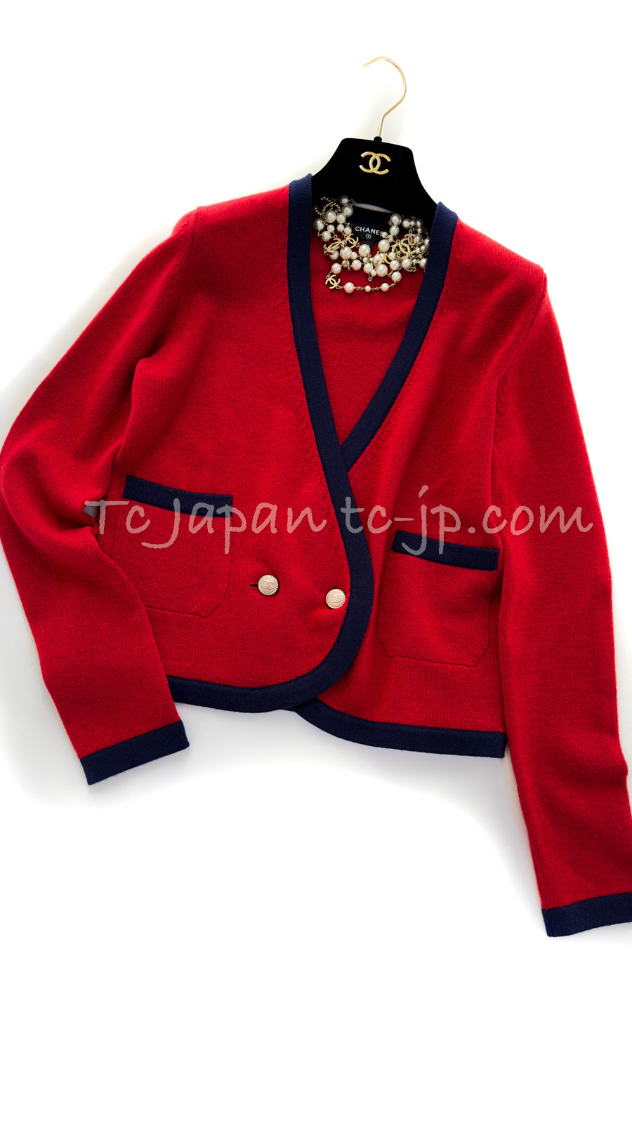 シャネル カーディガン CHANEL レッド ネイビー CCロゴボタン カシミヤ 