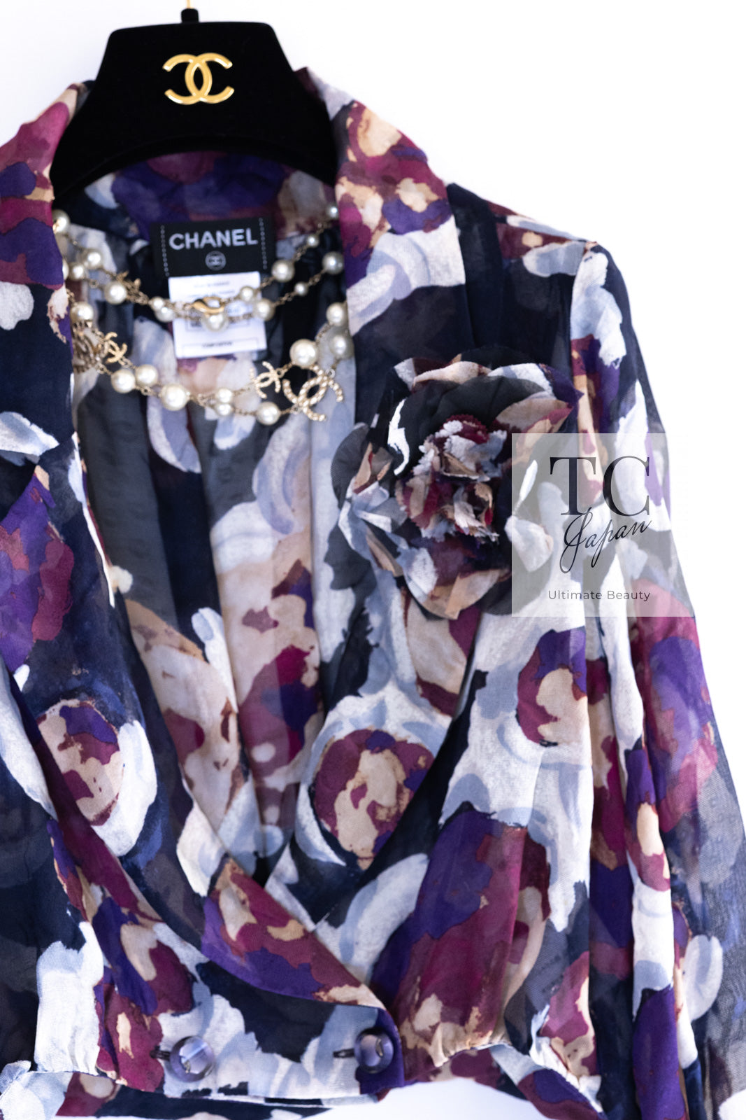 CHANEL 10C Navy Multicolor Flower Silk Blouse Jacket  38 シャネル ネイビー マルチカラー フラワー シルク100 ブラウス ジャケット
