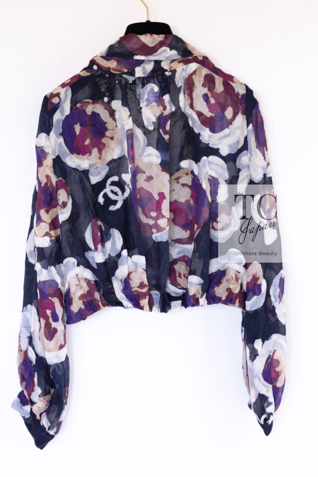 CHANEL 10C Navy Multicolor Flower Silk Blouse Jacket  38 シャネル ネイビー マルチカラー フラワー シルク100 ブラウス ジャケット