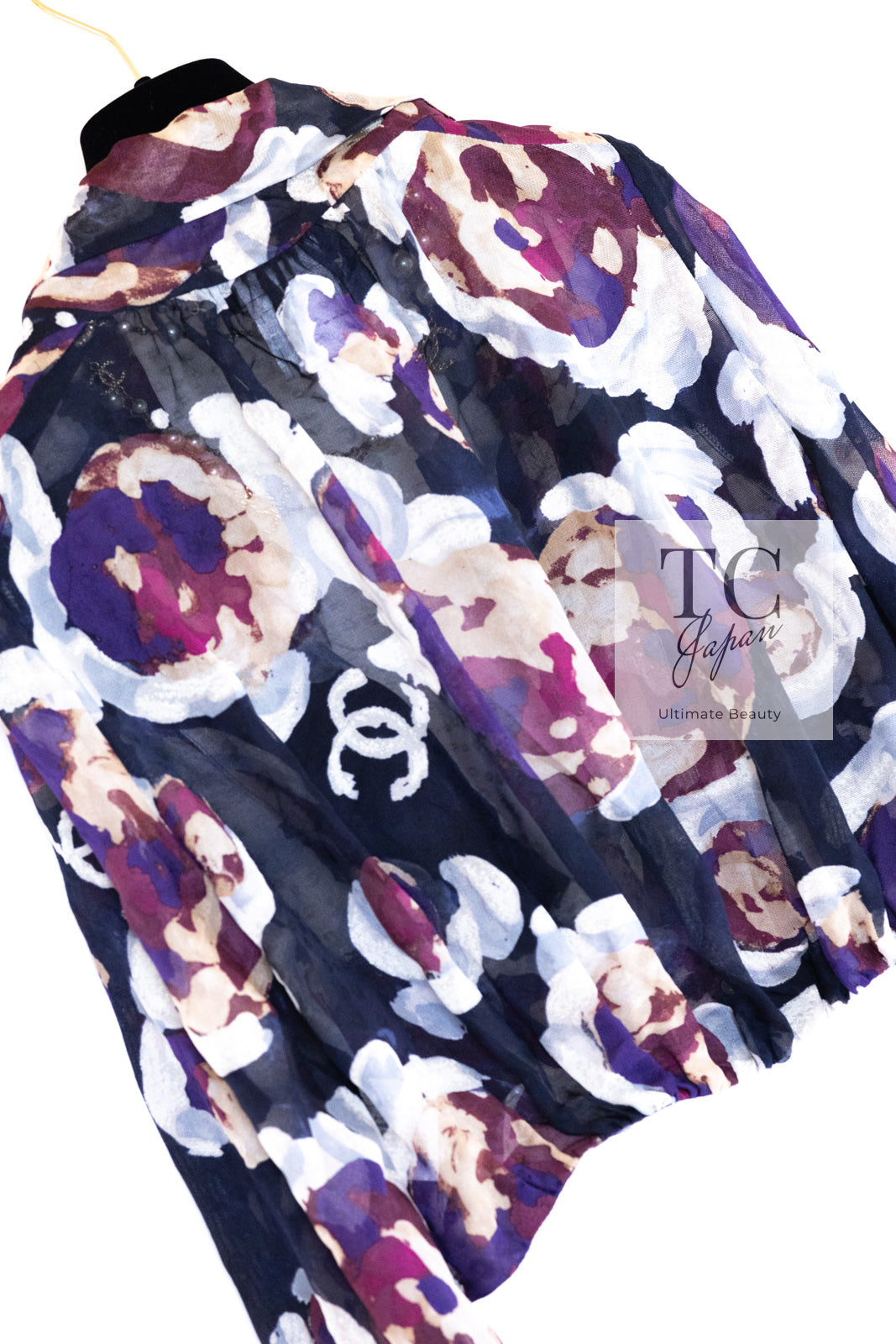 CHANEL 10C Navy Multicolor Flower Silk Blouse Jacket  38 シャネル ネイビー マルチカラー フラワー シルク100 ブラウス ジャケット