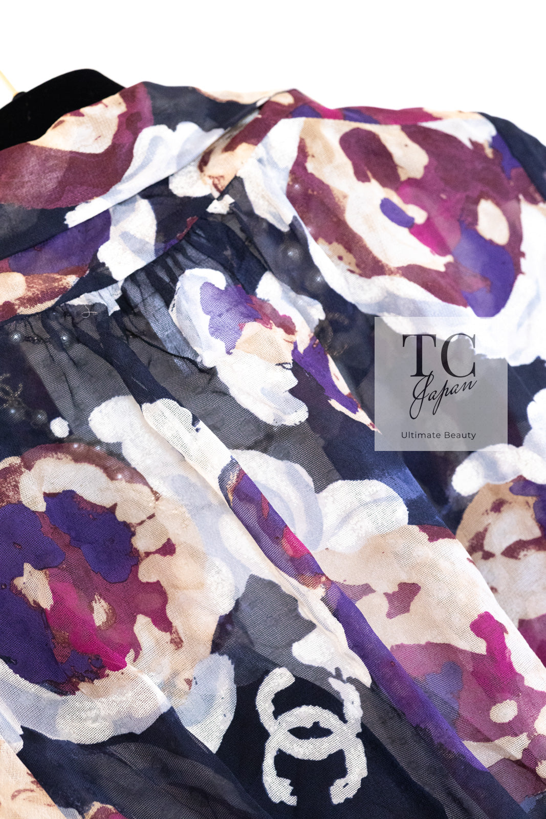 CHANEL 10C Navy Multicolor Flower Silk Blouse Jacket  38 シャネル ネイビー マルチカラー フラワー シルク100 ブラウス ジャケット