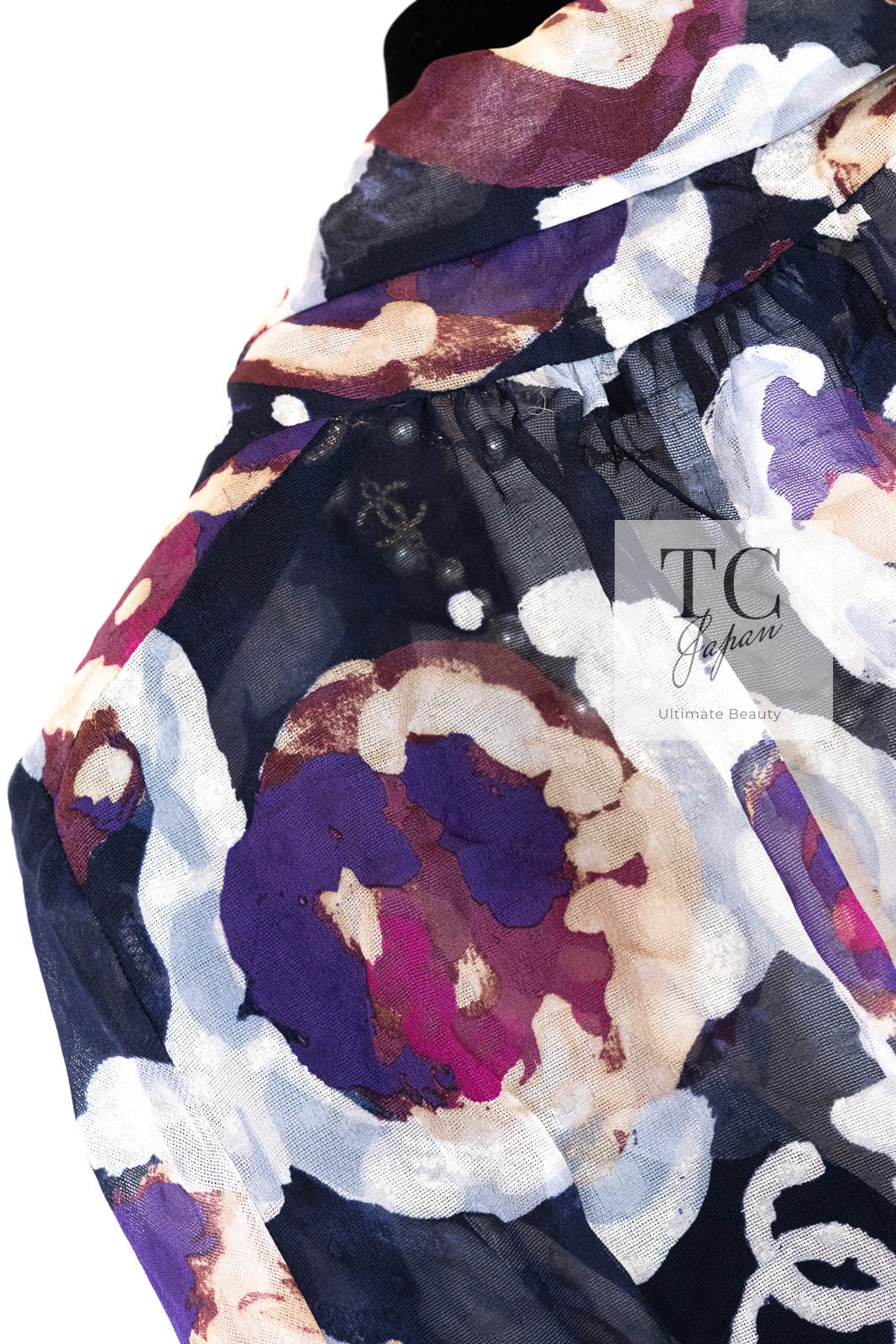 CHANEL 10C Navy Multicolor Flower Silk Blouse Jacket  38 シャネル ネイビー マルチカラー フラワー シルク100 ブラウス ジャケット