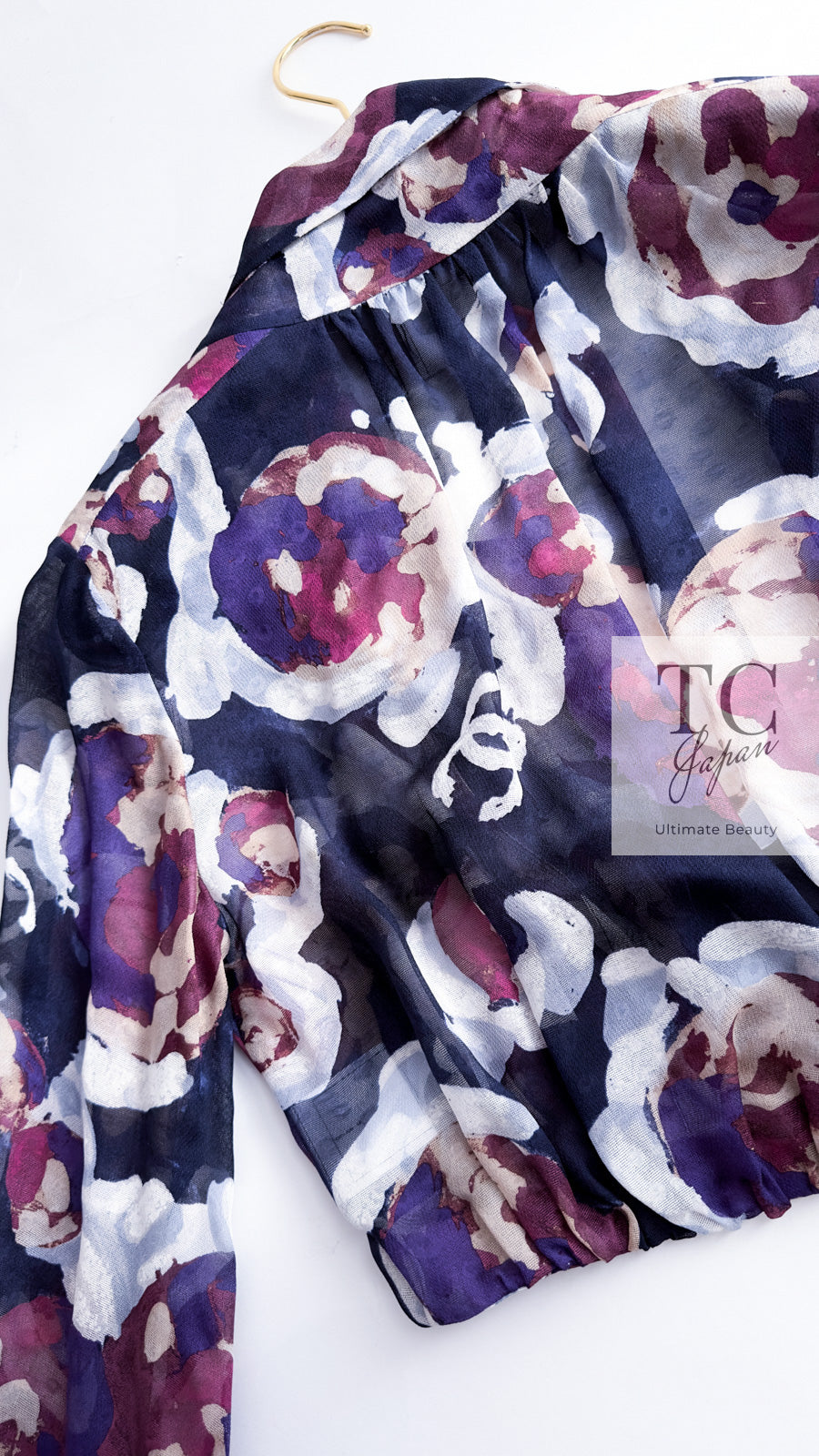 CHANEL 10C Navy Multicolor Flower Silk Blouse Jacket  38 シャネル ネイビー マルチカラー フラワー シルク100 ブラウス ジャケット