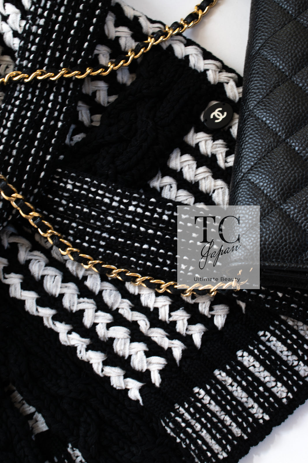 CHANEL 18PS Black Off White Cotton Knit Jacket Cardigan Skirt Setup 36 38 シャネル ブラック オフ ホワイト コットン ニット カーディガン スカート セットアップ 即発