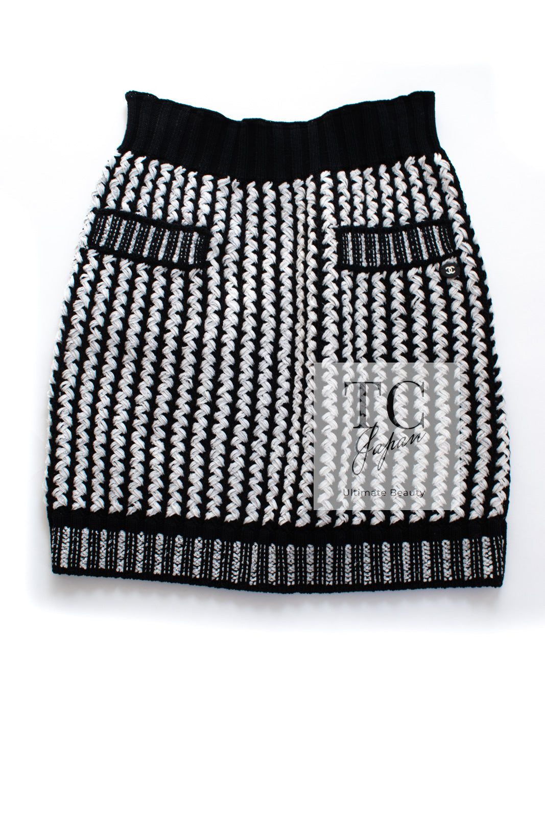 CHANEL 18PS Black Off White Cotton Knit Jacket Cardigan Skirt Setup 36 38 シャネル ブラック オフ ホワイト コットン ニット カーディガン スカート セットアップ 即発