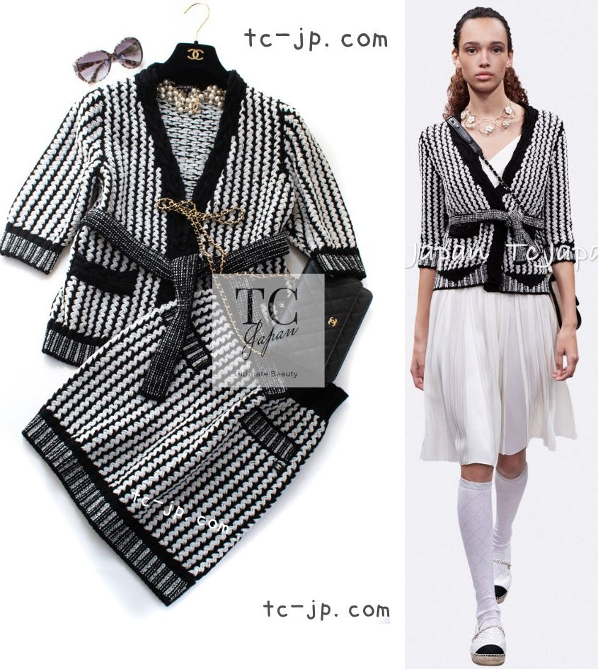 CHANEL 18PS Black Off White Cotton Knit Jacket Cardigan Skirt Setup 36 38 シャネル ブラック オフ ホワイト コットン ニット カーディガン スカート セットアップ 即発
