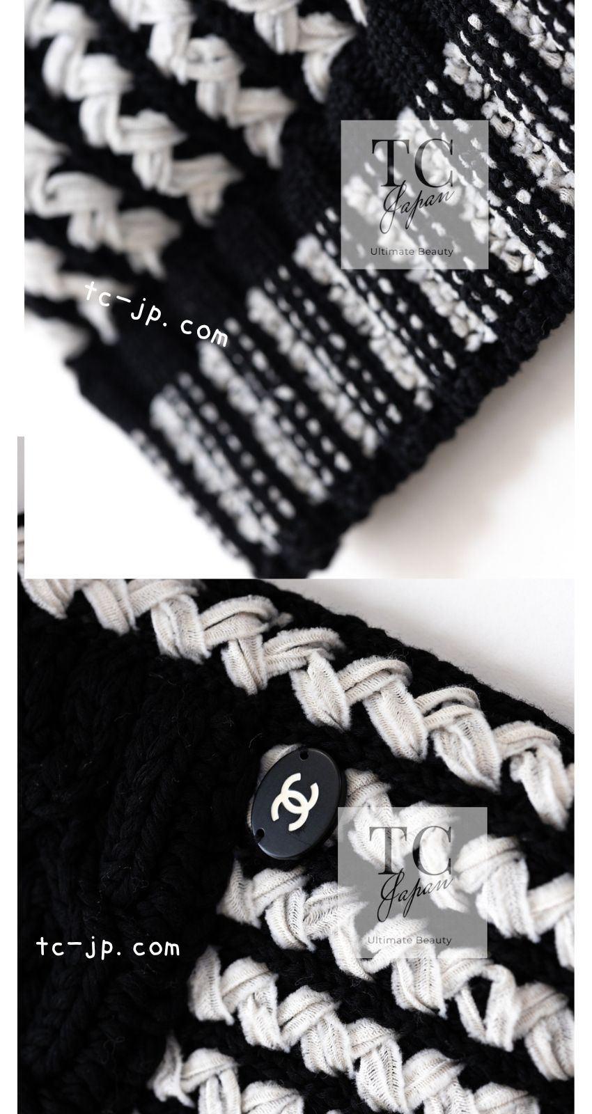 CHANEL 18PS Black Off White Cotton Knit Jacket Cardigan Skirt Setup 36 38 シャネル ブラック オフ ホワイト コットン ニット カーディガン スカート セットアップ 即発