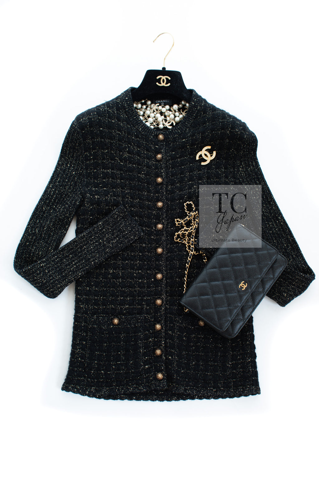 シャネル カーディガン CHANEL ブラック ゴールド ふわふわ ニット  